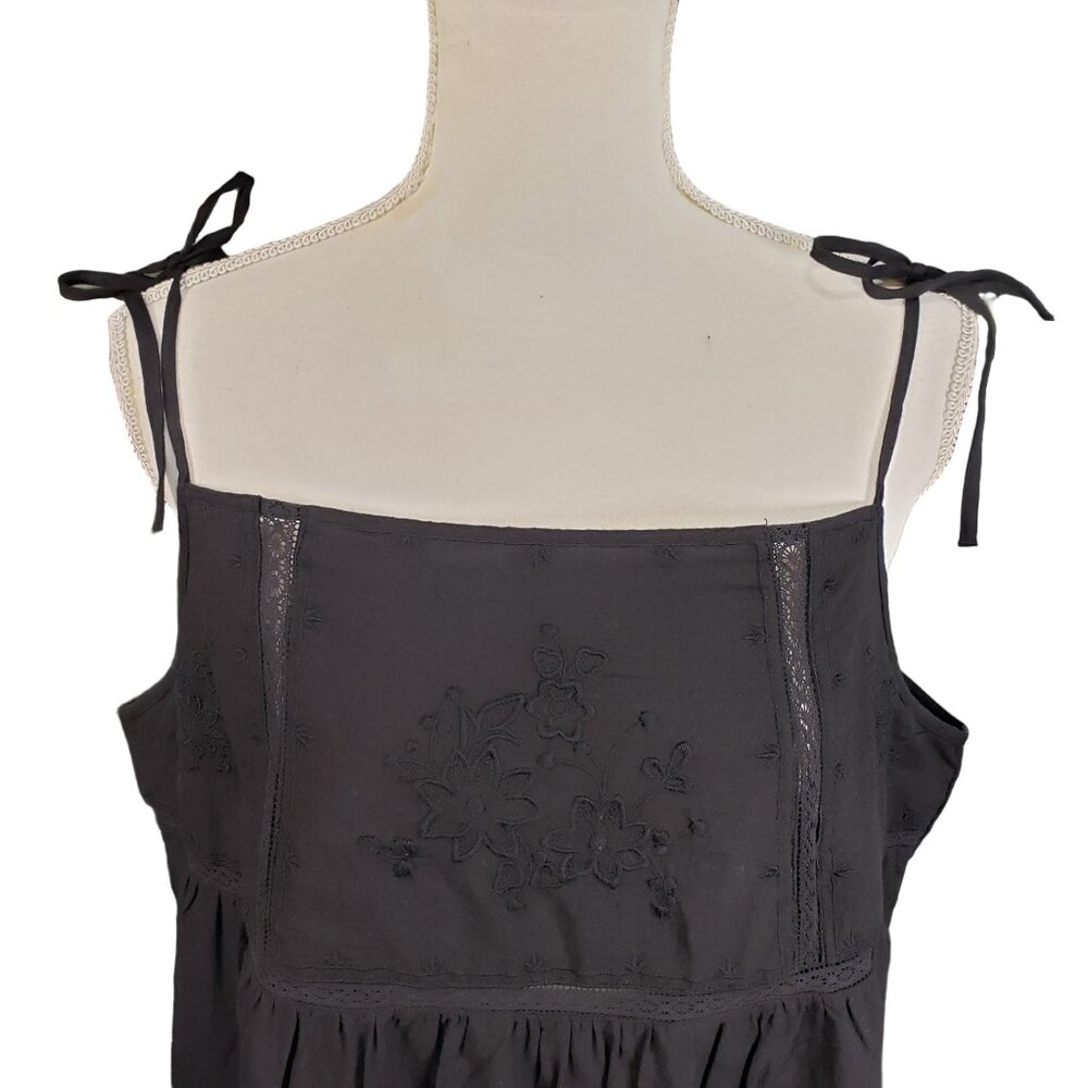 Black Embroidered Tie Strap Babydoll Dress XL Boho - Picture 3 of 11